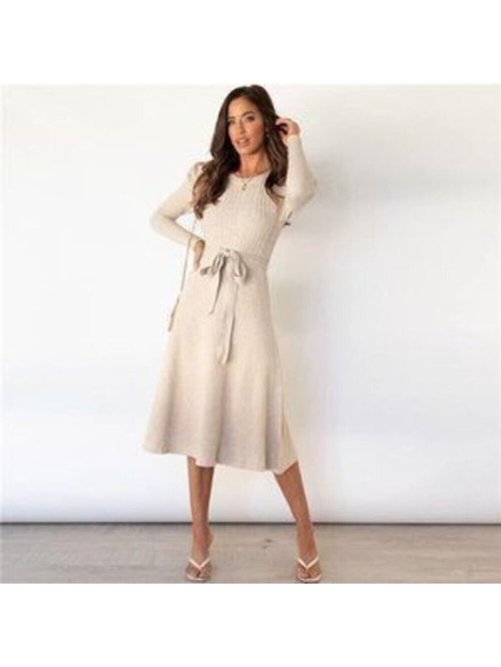 Women's Crew Neck Knit Midi Sweater Dress with Belt Long Sleeve Maxi Dress - Picture 4 of 4